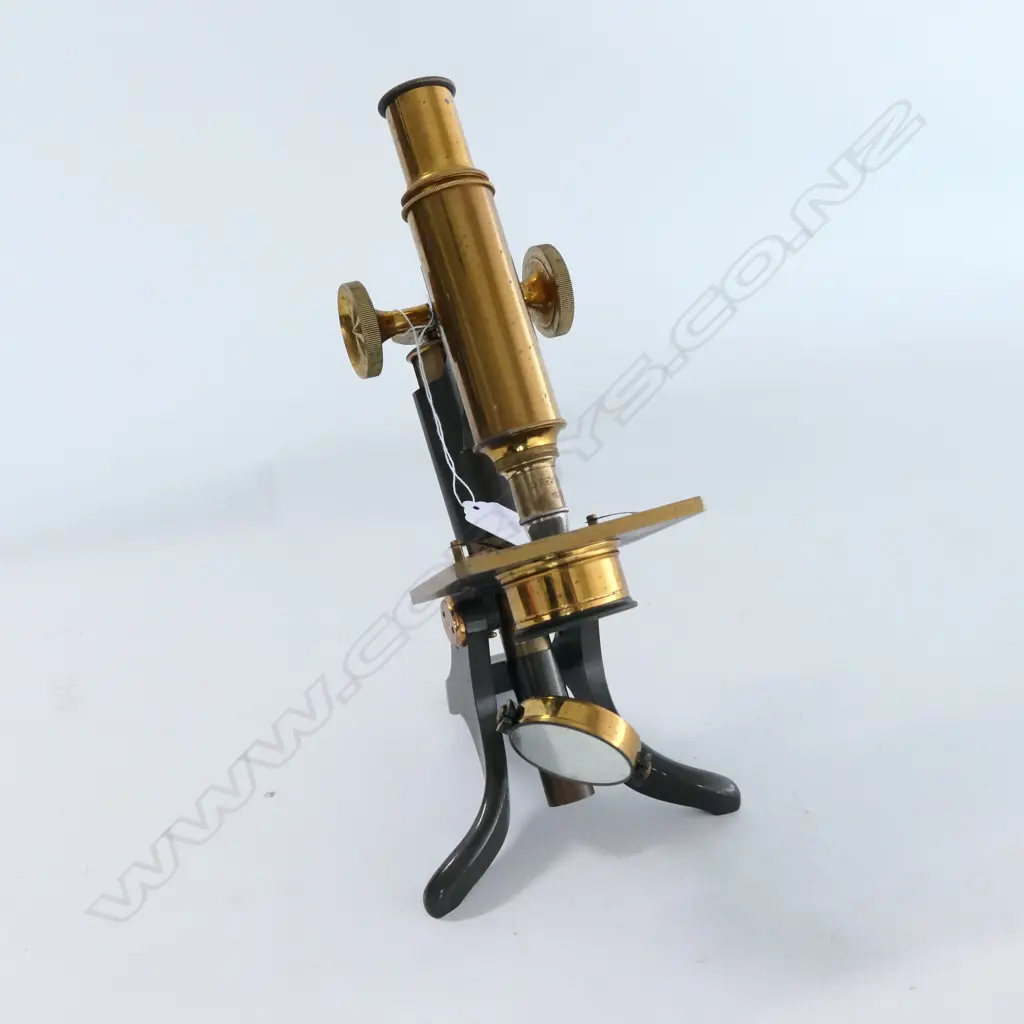 early 20thC LACQUERED & ANODISED BRASS MICROSCOPE by BAKER, 244 HIGH HOLBORN, LONDON, w HEXAGONAL LIMB. NO BOX Image 1++